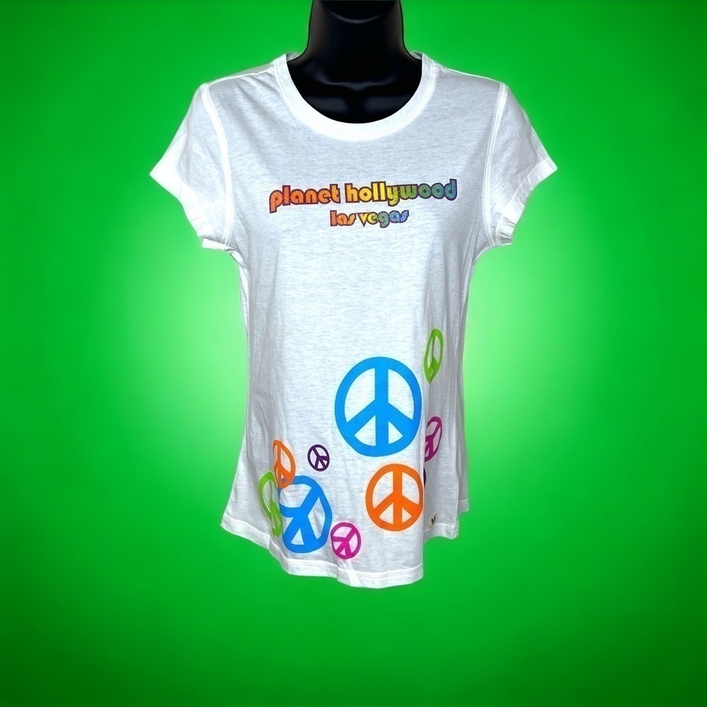 NEW Planet Hollywood White T Shirt Short Sleeve Pullover Tee Stretch Colorful